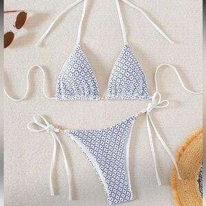 White and Blue Floral Bikini Set